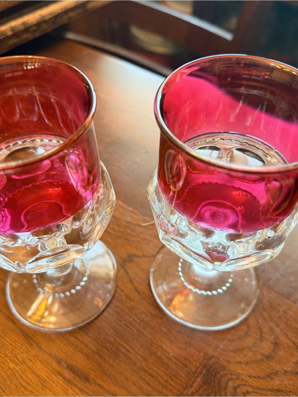Pair of Vintage Tiffin King's Crown Ruby Thumbprint Goblets Wine Glasses Pink